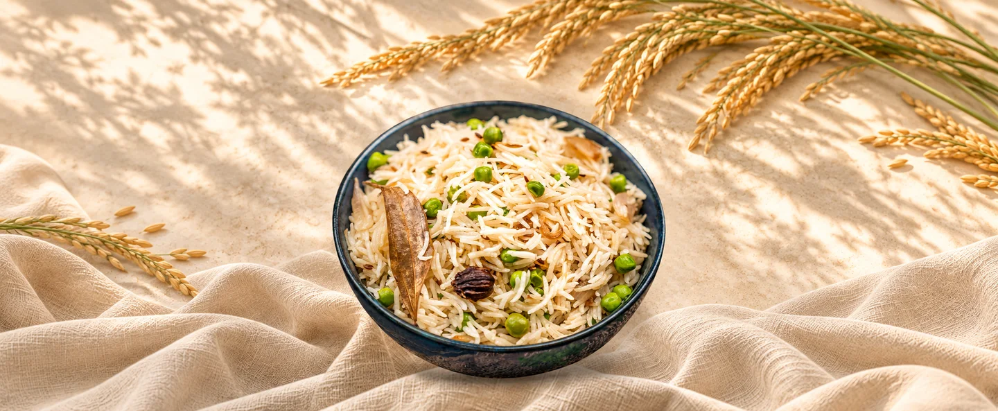 Basmati rice arranged in a ceramic bowl with rice stems on a warm ivory surface