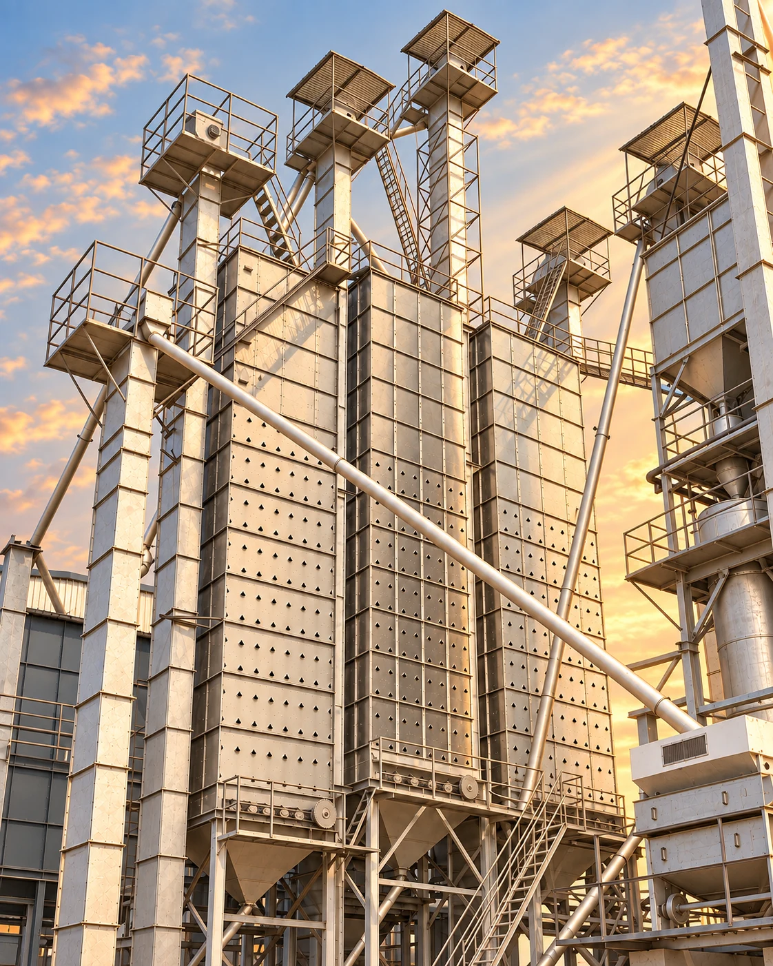 Retouched view of the mill’s paddy drying towers in warm golden-hour light