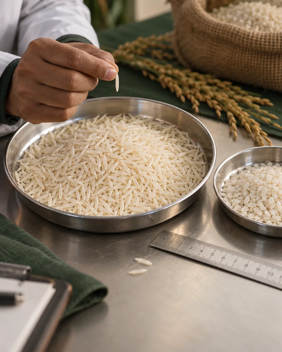 Long basmati grains and broken grains in separate inspection trays