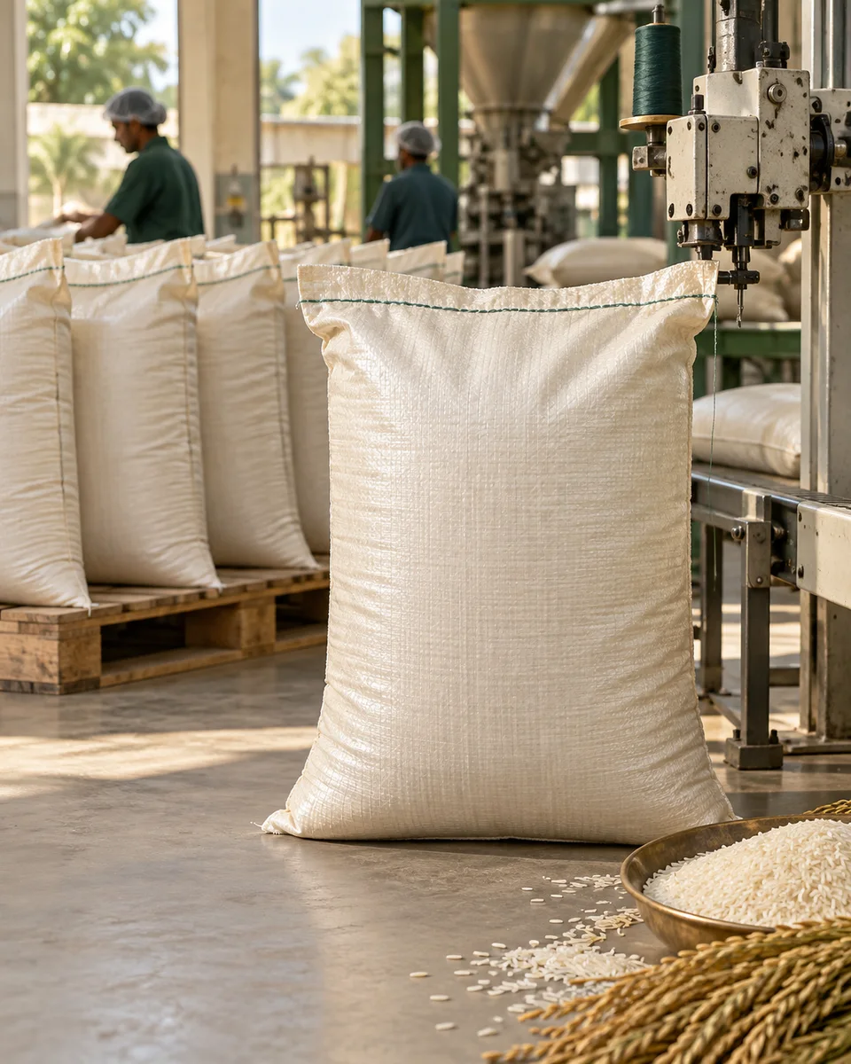 Sealed unbranded rice sacks prepared for handling