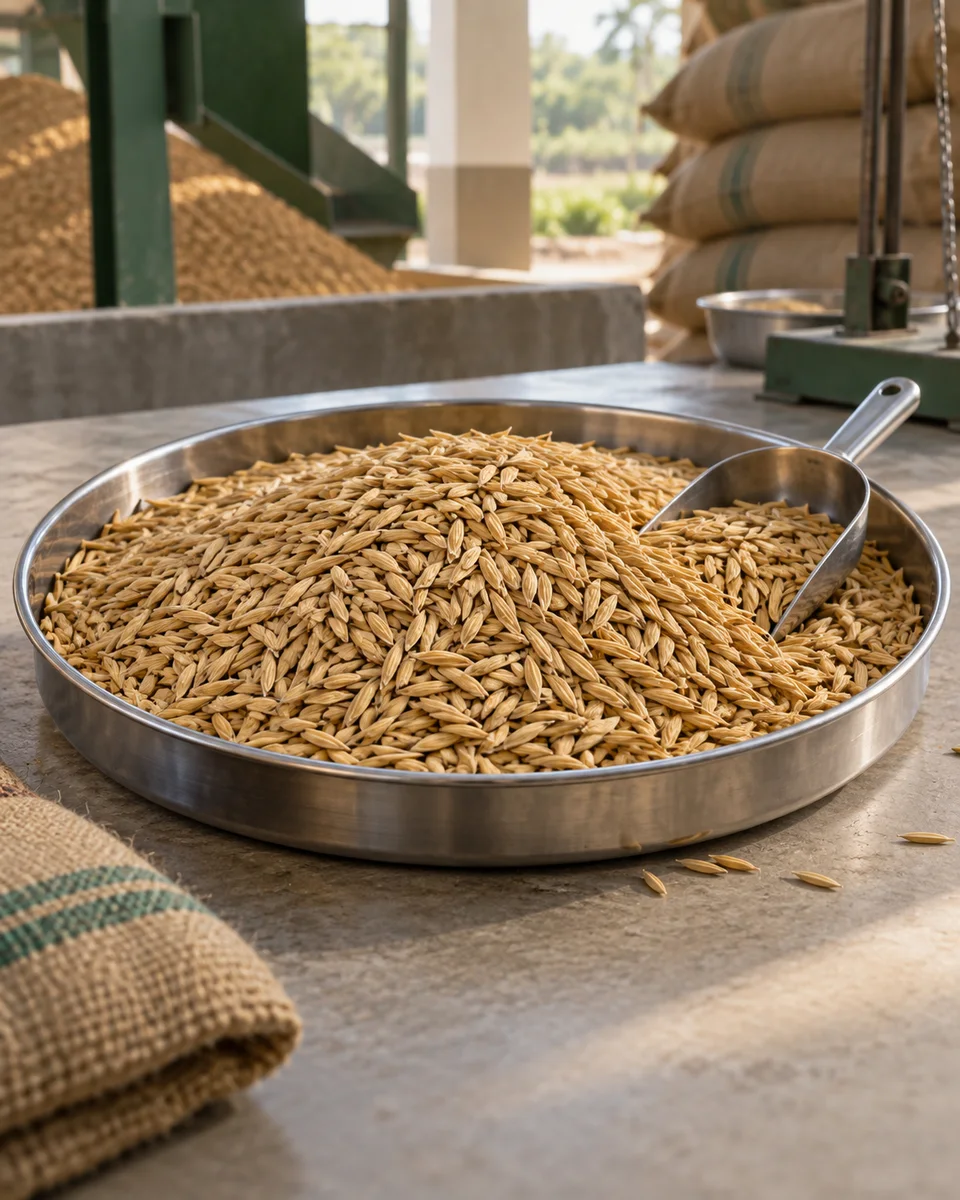 Golden unhusked paddy in a sampling tray