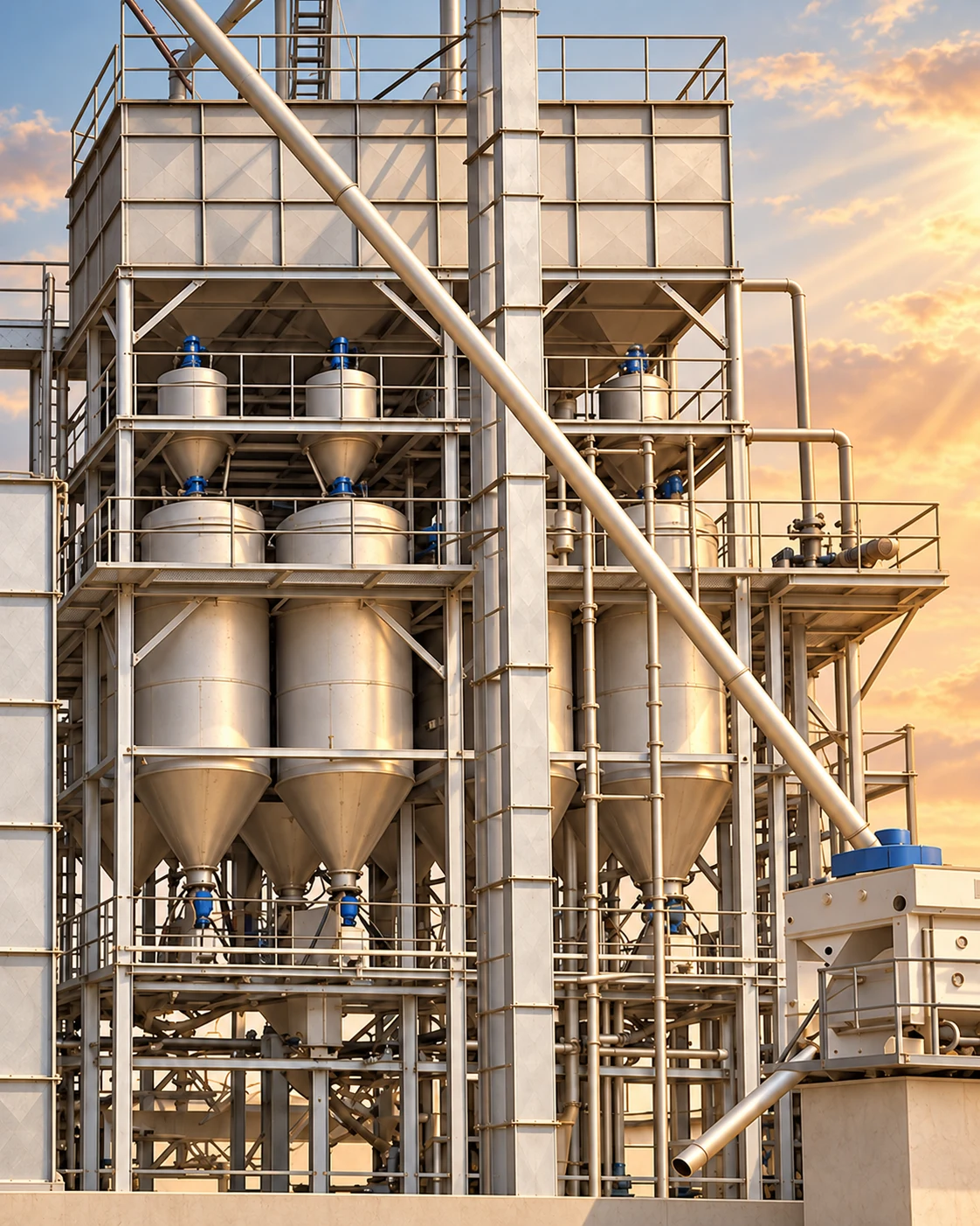 Retouched view of the mill’s steam-processing vessels in warm golden-hour light