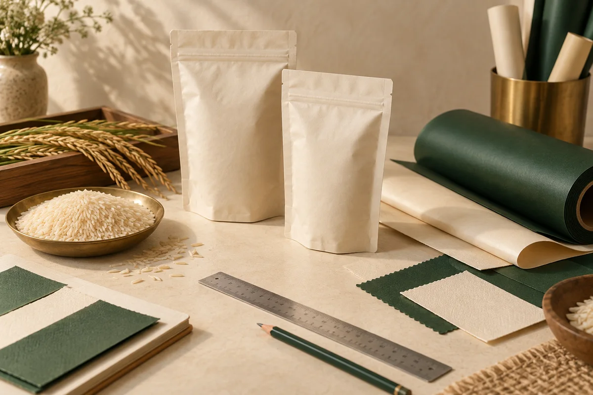 Illustrative unbranded rice bags with rice and packaging material swatches