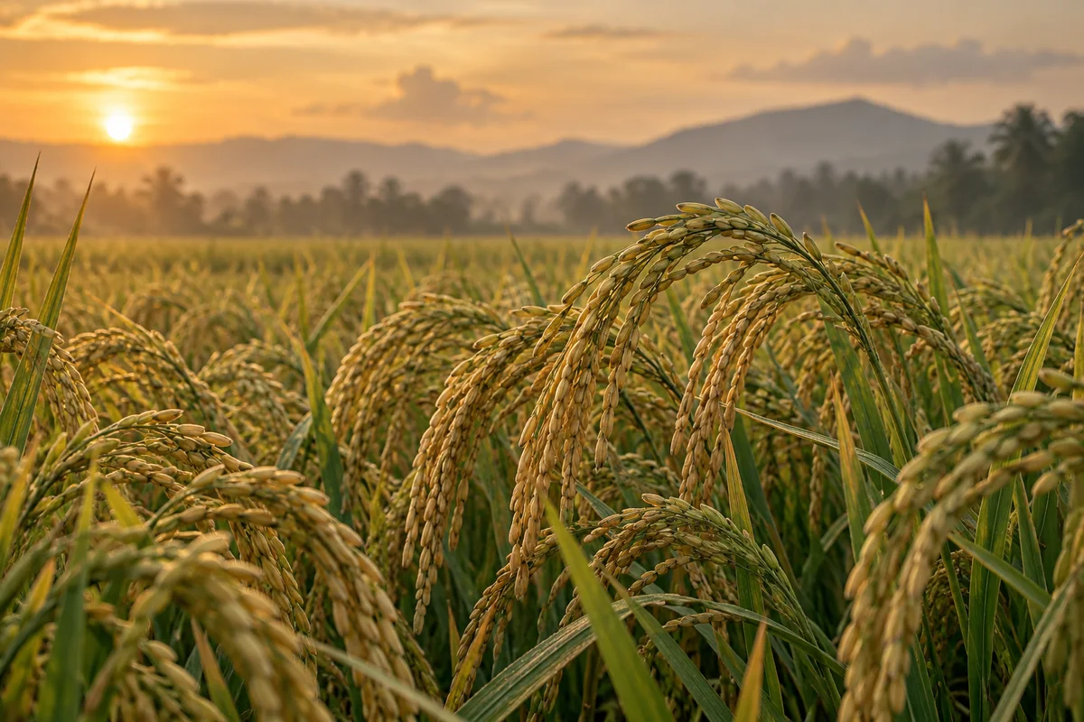 Illustrative landscape of golden rice paddy at sunset